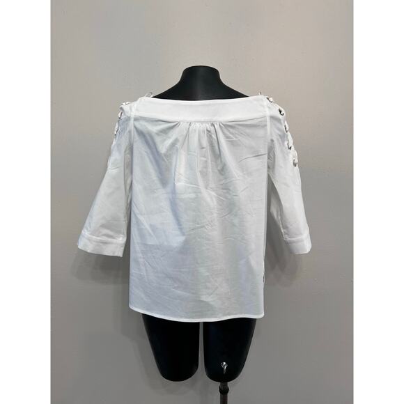 New York &Co White Top Off Shoulder Tie Sleeves Sz XS Sailor Nautical Beach NWT - Picture 2 of 8
